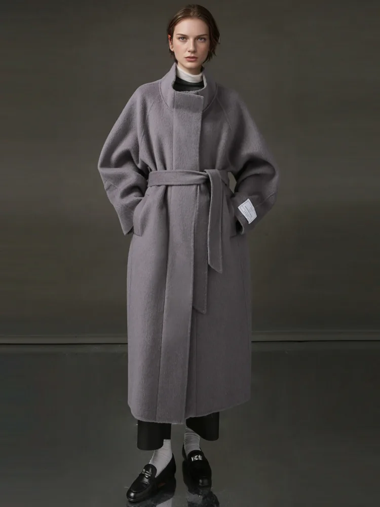 ZMEENNA femmes élégant gris laine mélange Long manteau élégant revers Design décontracté coupe ample hiver pardessus mode moderne ZM3471