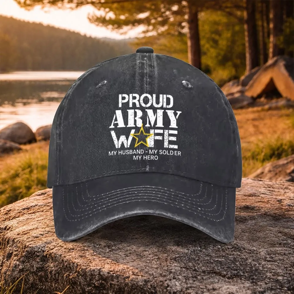 Proud Army Wife Baseball Cap Unisex Cotton Washed Denim Cap for Golf Outdoor Casual Wear
