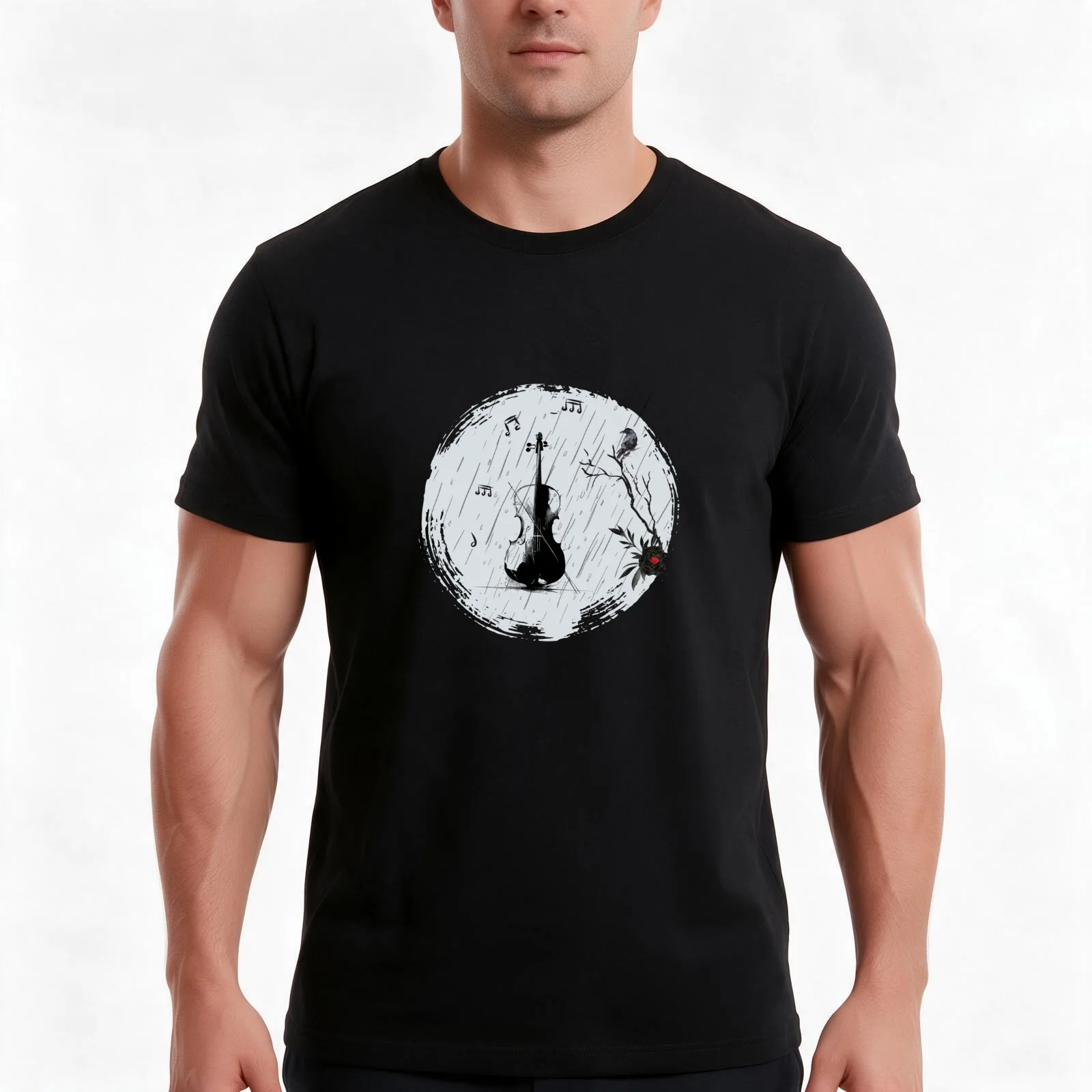 Gothic Cello in the rain, Raven looks on. rose blooms T-Shirt, Summer Casual Cotton Tee, Oversized Streetwear Tops, 100% Cotton