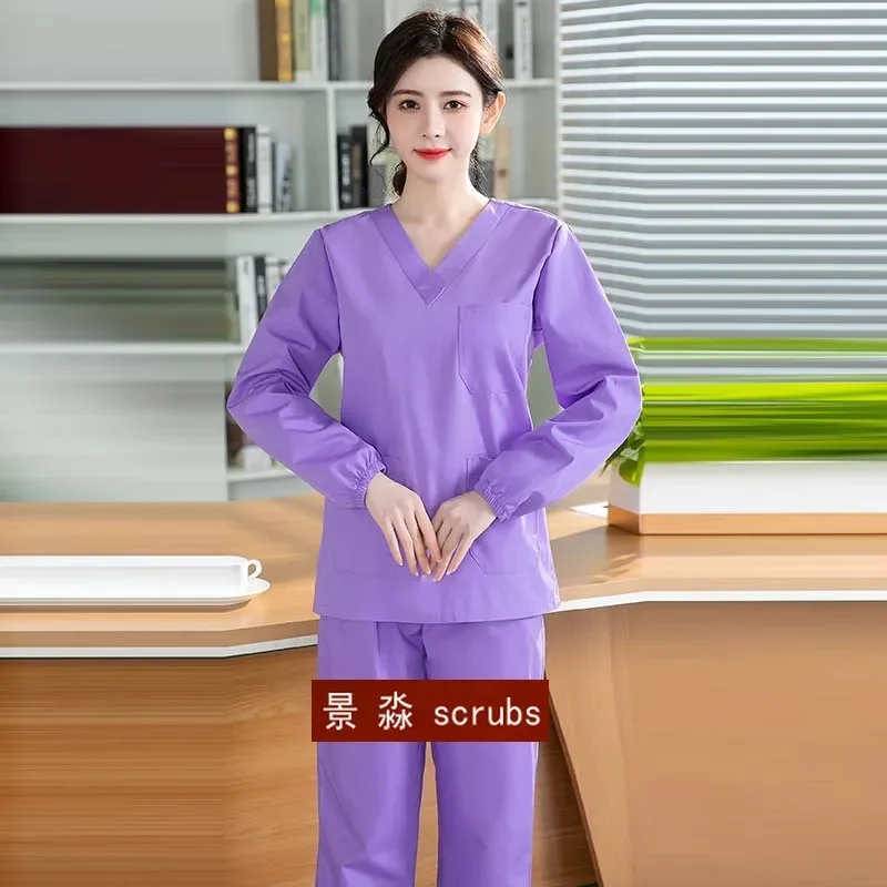 Mulher esfrega terno de inverno roupas médicas manga longa esfrega superior de algodão médico workwear veterinária esfrega calças tamanho plug odontologia