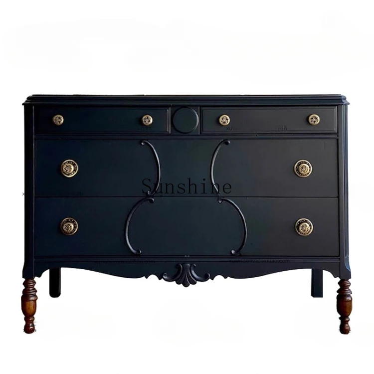 

French retro solid wood black small apartment living room bedroom storage foyer entrance decorative cabinet