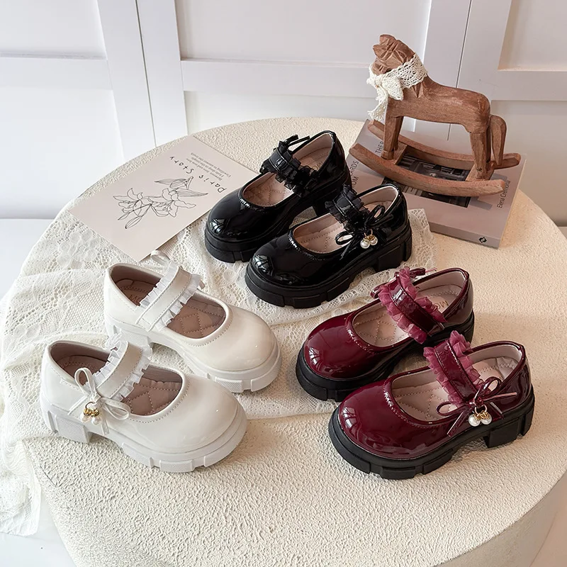 Children's Shallow Pu Leather Shoes Spring Autumn New Girls Bow Princess Shoes Baby