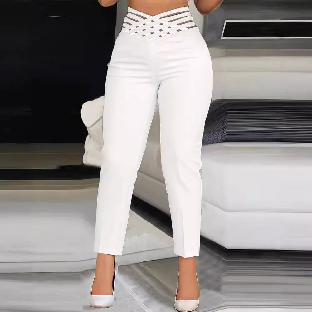 White Elegant Cuffed Pencil Pants Summer Hollow Out High Waist Women Cargo Straight Long Trousers Party New 2024 Y2k Capris