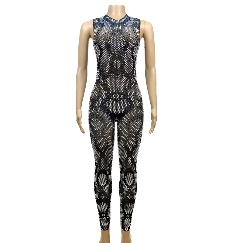 Błyszczące cyrkonie kombinezon bez rękawów Stretch odzież do tańca na rurze kobiety strój Rave Dj Ds Gogo kostium etap Clubwear XS6627