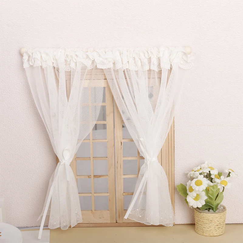 1Set 1/12 Dollhouse Lace Ruffle Window Curtain Dollhouse Mini Bedroom Furniture Accessories Dolls House Decoration For Kid Toys