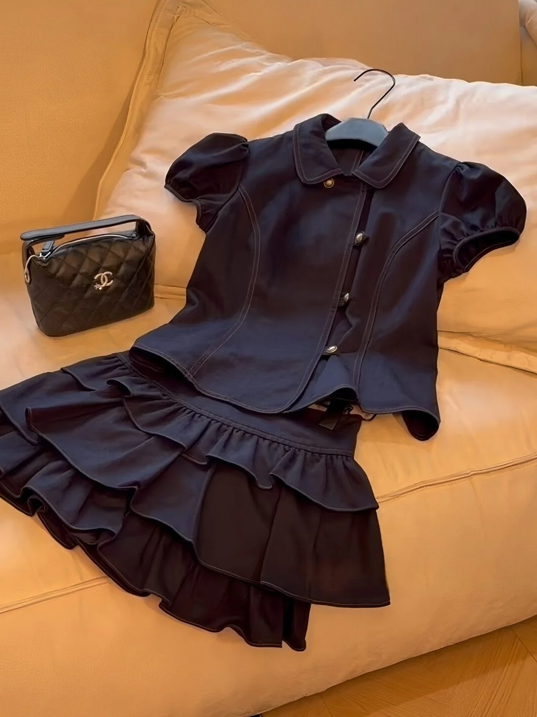 

Black Puffy Sleeve Short Sleeve Doll Collar Set Women's Summer Anti-Aging Cake Skirt Two-Piece Set Korean College Style