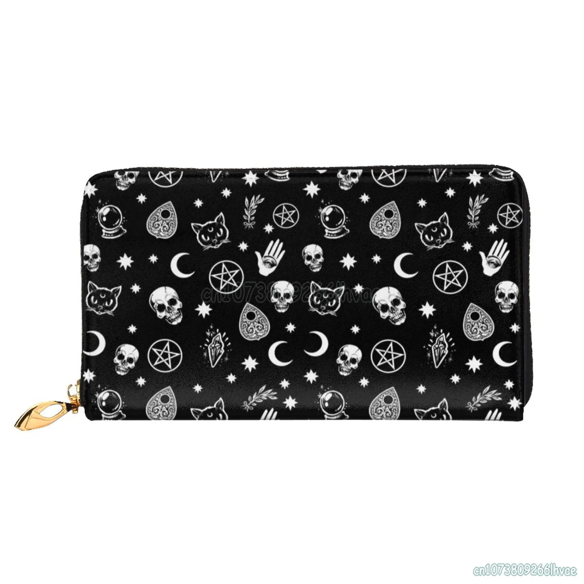 Women's Skull Cat Moon Goth Wallet Faux Leather Long Wallet Coin Purse Card Holder with Zip