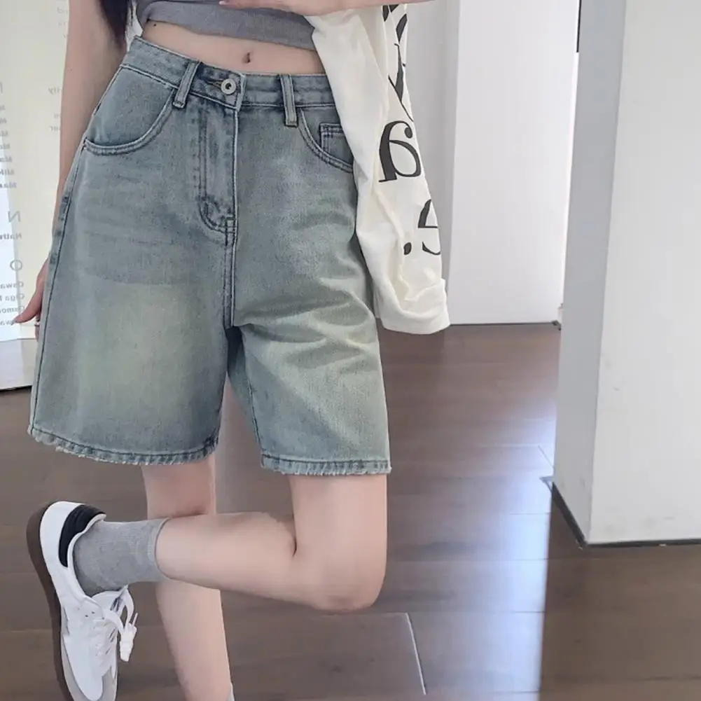 Lady Straight Shorts Vintage High Waist Denim Shorts for Women Wide Leg Streetwear Jeans with Button Closure Zipper Knee Length