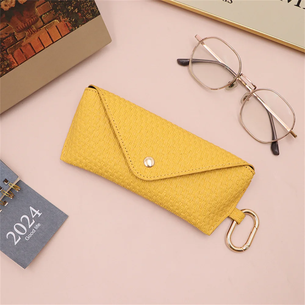 KLASSNUM Creative straw lines PU Leather Glasses Box Chic Soft Protective Fashion SunGlasses Pouch with Hook for Women's Fashion