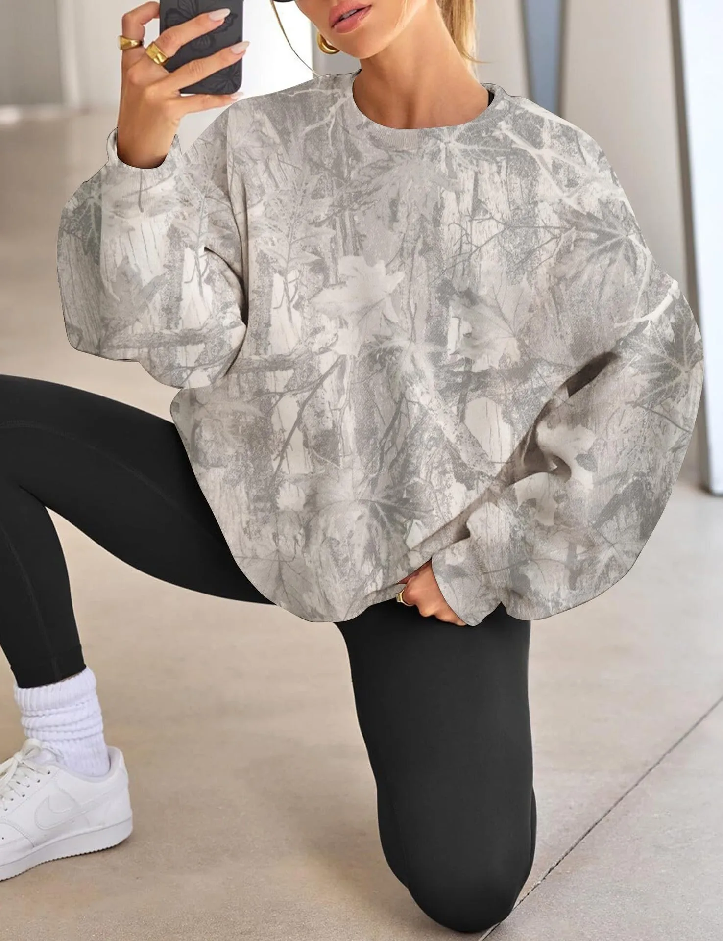 Printed Loose Fit Hoodie with Plant Floral Pattern Mid Length Streetwear No Hood Casual Long Sleeve Pullover Women Hoodie