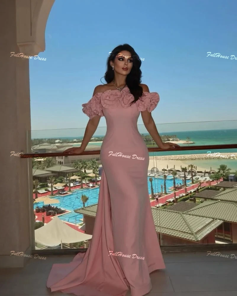 Custom Made Romantic Boat Collar Handmade Flowers Evening Dress Sexy Sheath Backless Floor Length Party Dress with Sweep Court