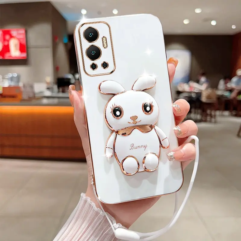 Phone Case For Infinix Hot 12 Luxury Plating Square Rabbit Holder With Landyard Phone Case Cover