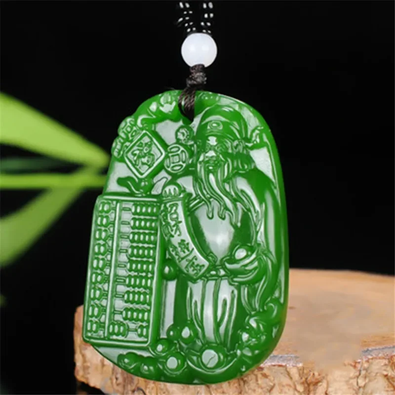 

Chinese Natural Green Jade God of Wealth Pendant Necklace Hand-carved Charm Jadeite Jewelry Fashion Amulet Gifts for Women Men