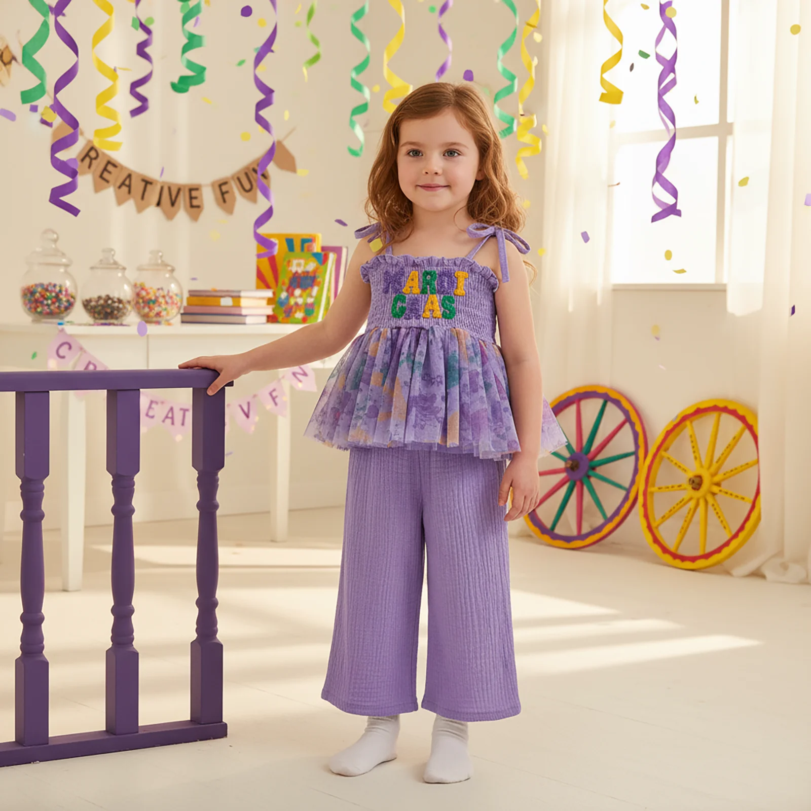 Summer Kids Girls Pants Sets Sleeveless Letter Embroidery Cami Tops Pants Outfits Purple Clothes