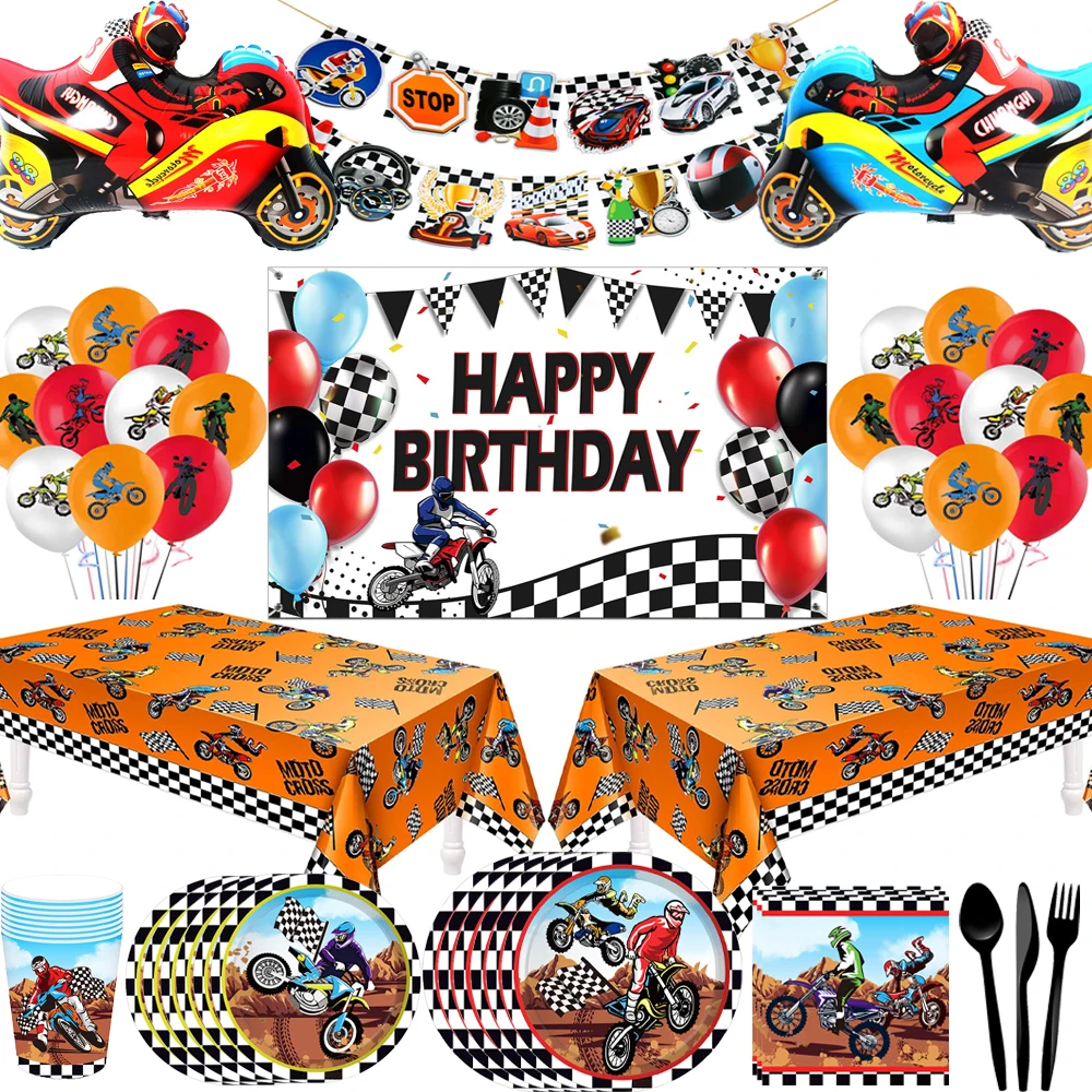 Motorcycle Birthday Decorations Party Tableware Dirt Bike Plates Cups Napkins Banner Balloon Baby Shower for Boys Party Supplies