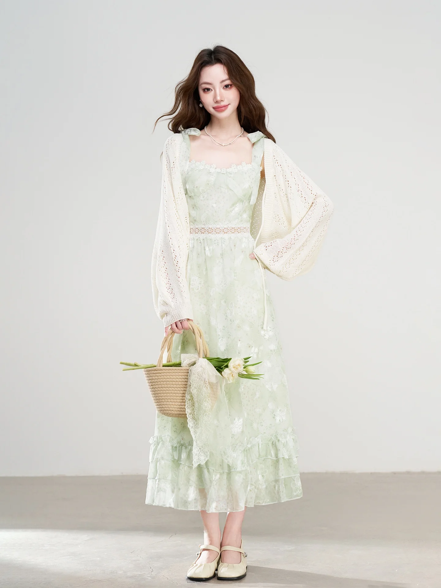 

Summer Floral Print Dress Women's Loose Cardigan Set High Waist Knot Casual Fashion Two-Piece Suit Batwing Sleeves