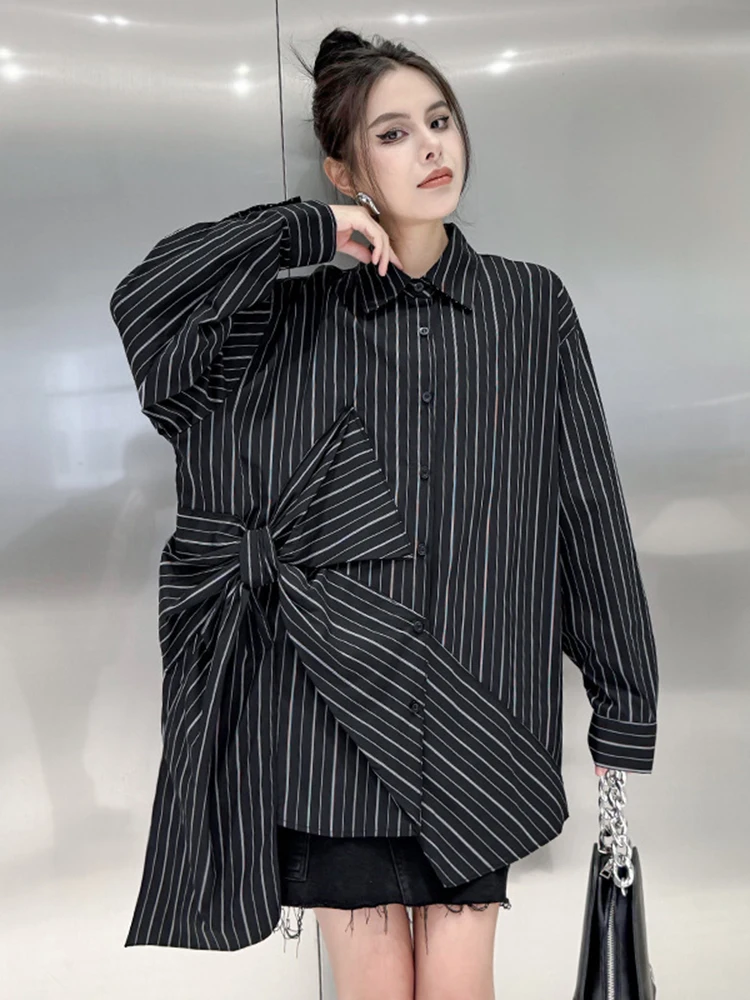 [EAM] Women Black Striped Bow Irregular Big Size Blouse New Lapel Long Sleeve Shirt Fashion Tide Spring Autumn 2024 1DH5046