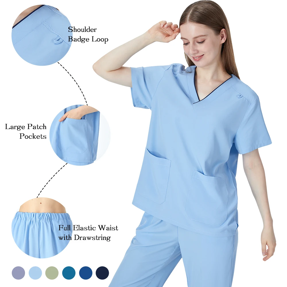 Nurse Uniforms V-Neck Shirt and Slim Fit Pants with 2 Slant Pockets Stretch Medical Scrub Set Hospital Dentist Vet Workwear S13