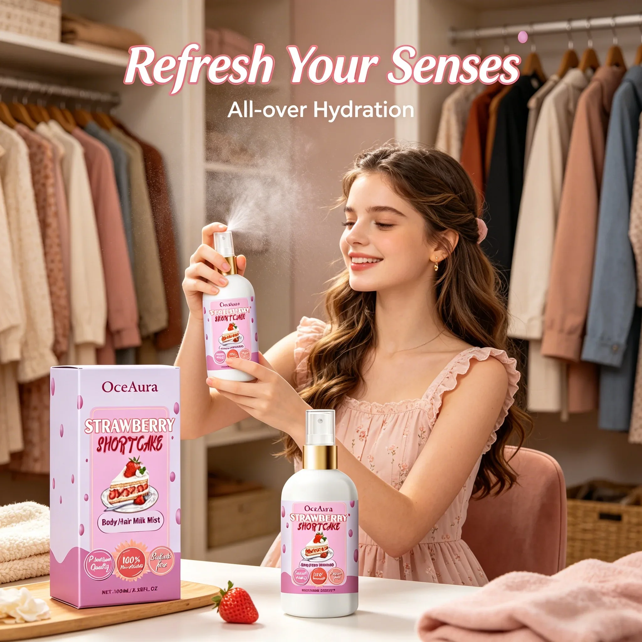 OceAura Strawberry Cake Body Mist, Moisturizing Refreshing Spray for Hair & Body, Mother's Day Gift Idea Sweet Scent