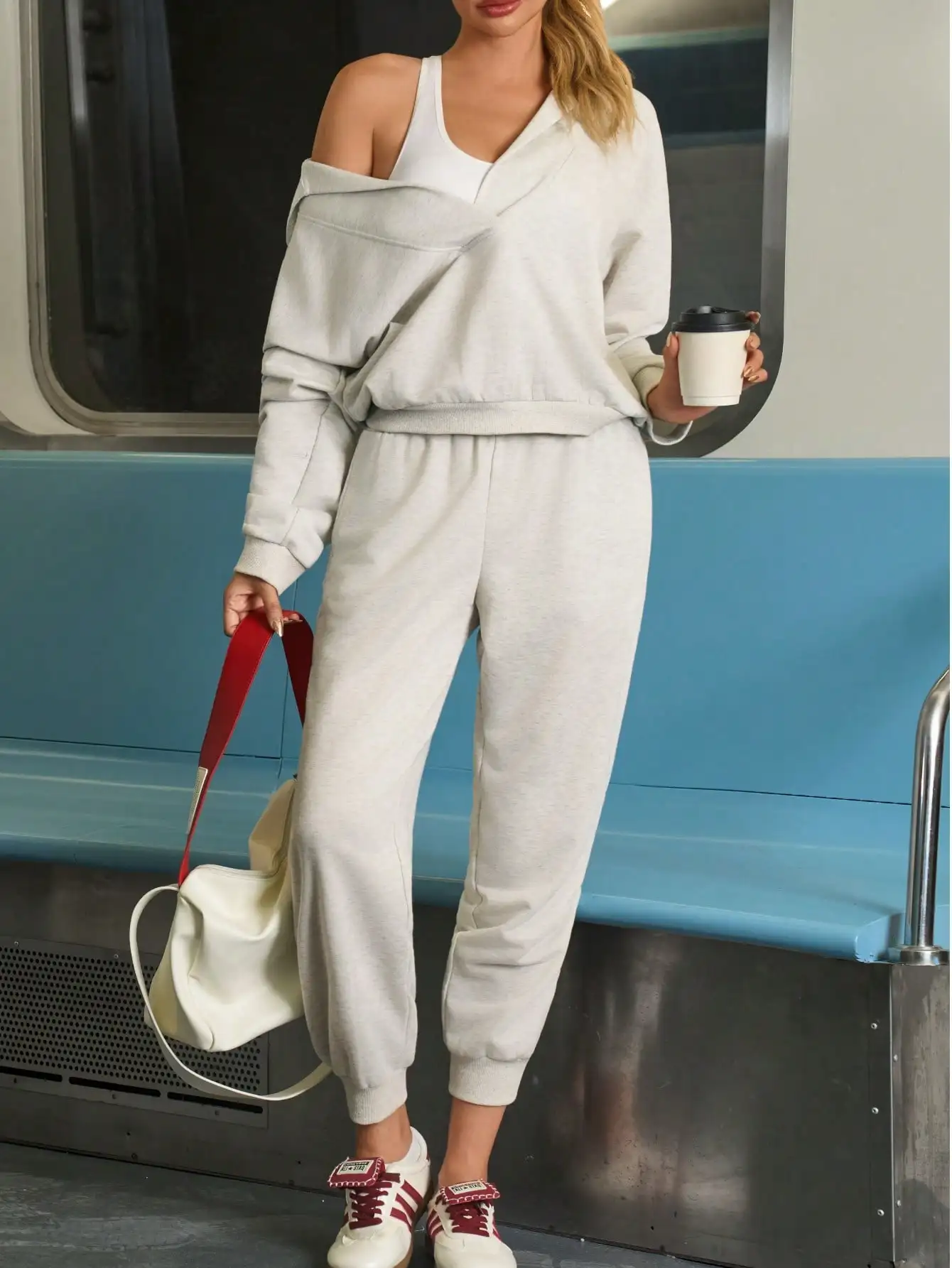 Fisoew ニットハーフジップトップ + エラスティックカフジョガーセット |   カジュアルスポーツウェア、スリムフィットヨガウェア、多用途で快適なラウンジウェア