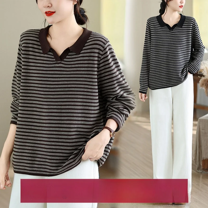 Autumn Winter Women's Short Knitted  Shirt V-Neck Turn-down Collar Striped Base Layer Outerwear Slimming Korean Style