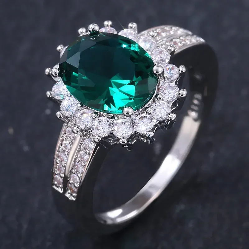 Luxury Green Crystal Ring Princess Crown Halo Engagement Wedding Rings Cubic Zircon 925 Sterling Silver Rings For Women