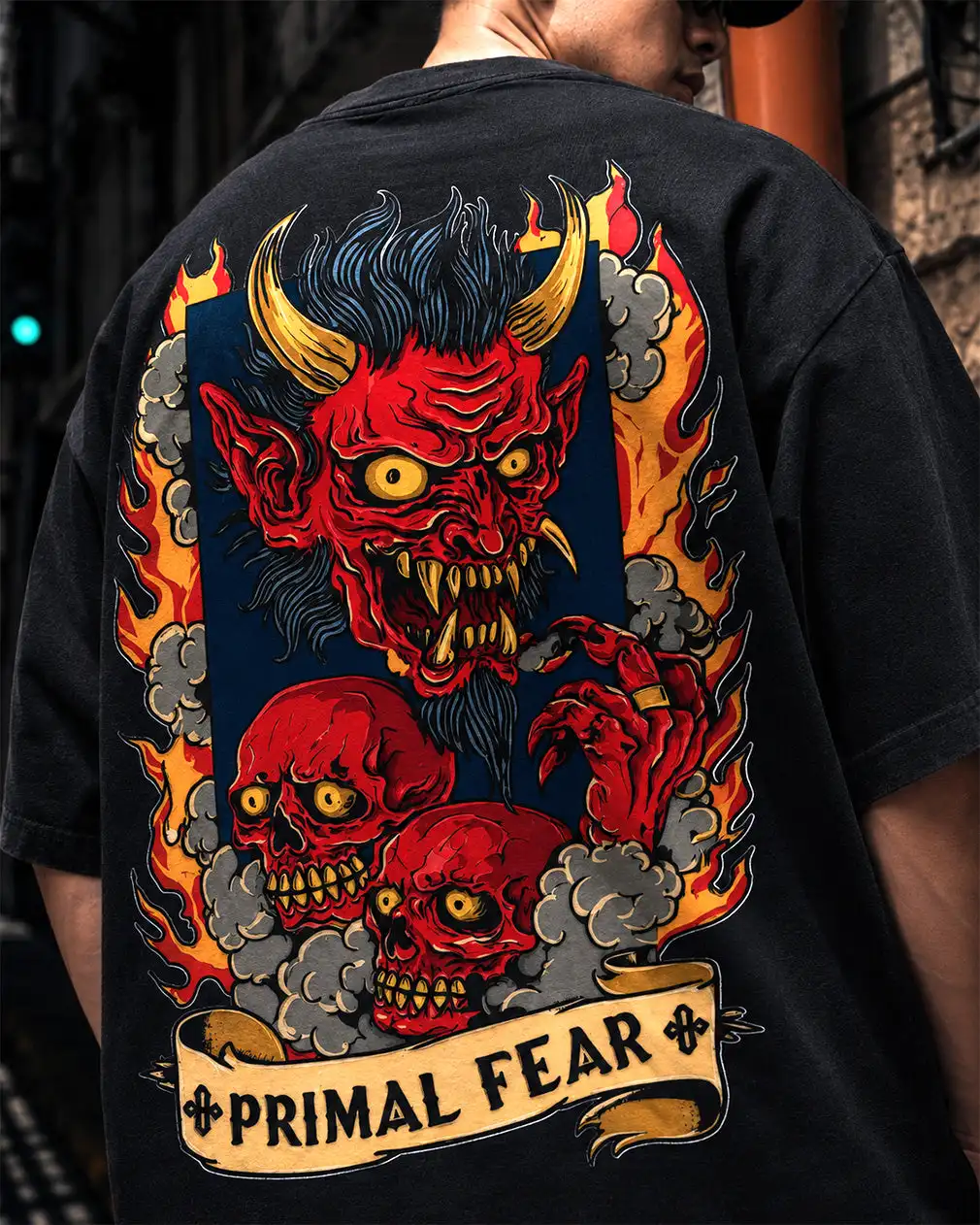 Men's Oversized Oni Demon Skull Pattern T-shirt Primal Fear Flame Retro Old-fashioned Street Wear T-shirt