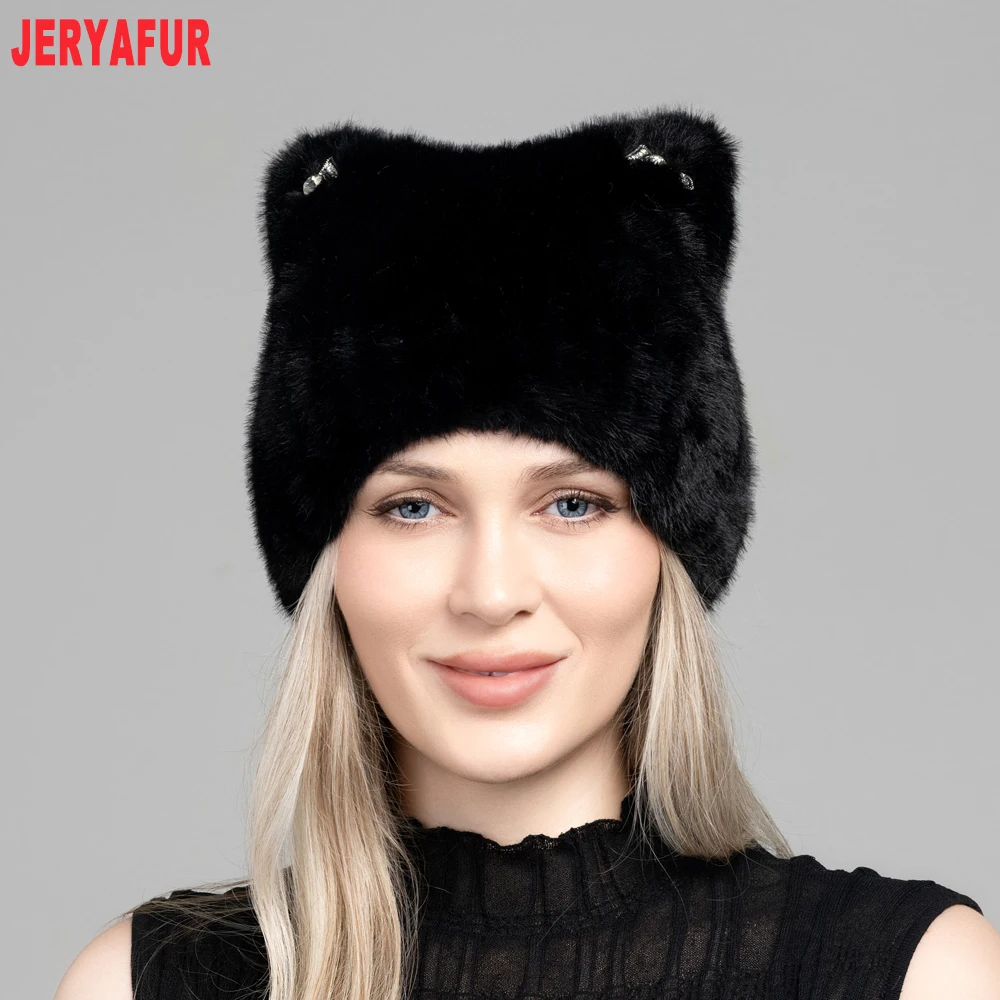 Women White Faux Fur Beanie Hat, Cute Cat Ears with Rhinestone Decor, Warm Fluffy Winter Cap, 55‑60cm Head Circumference view 5