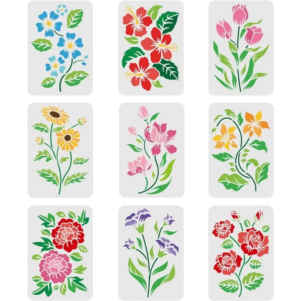 

9pcs Flower Stencils for Painting 11.7x8.3 inch Flower & Leaves Drawing Template Reusable Flower Stencil DIY Stencils for Paint