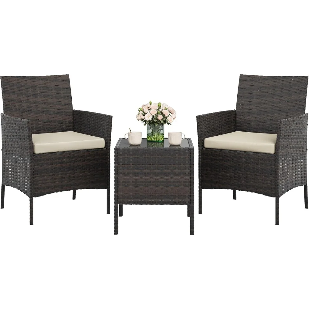 3-Piece Patio Furniture Set: Modern Rattan Conversation Set with 2 Chairs and Tempered Glass Coffee Table for Outdoor Settings