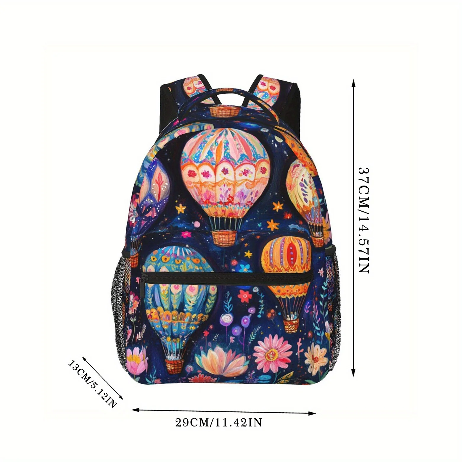 Vibrant Hot Air Balloon Floral Print Backpack Lightweight Adjustable Straps Multiple Compartments Zipper Closure Ideal