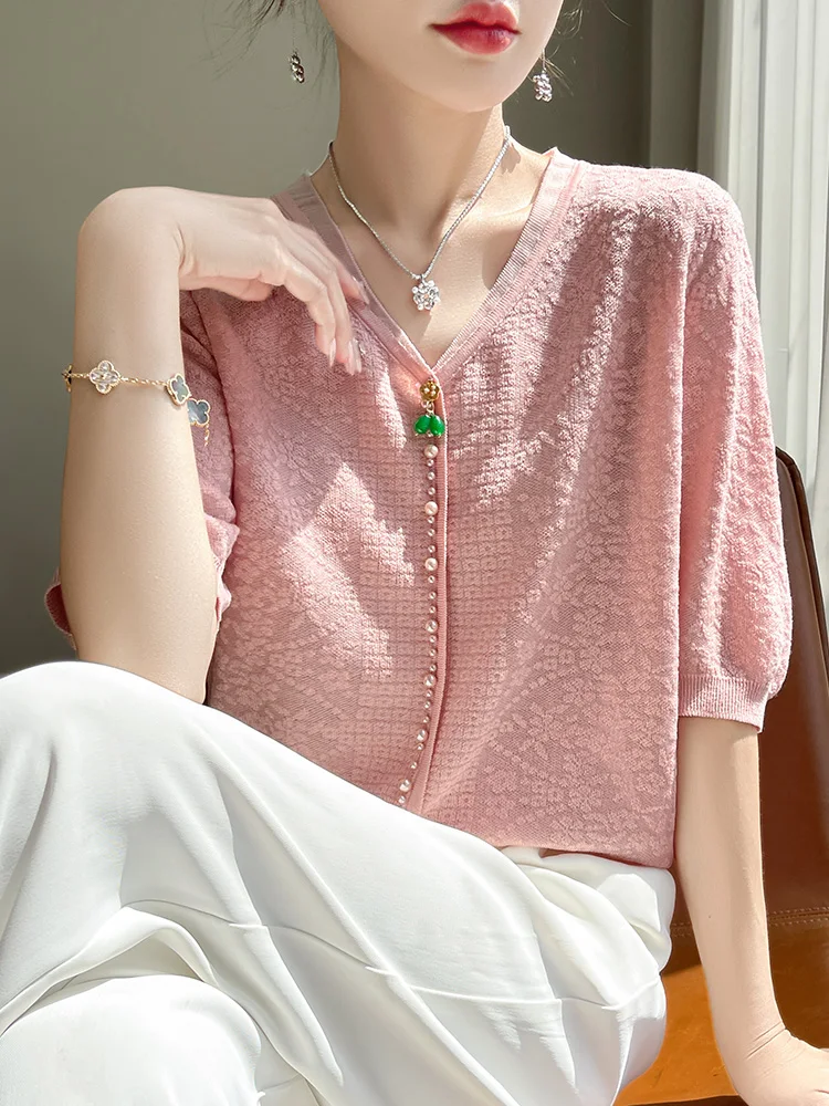 

Summer New V-ne Lace Hem ort Sve Top Loose Silk Ice Silk Upper Apparel Commute Sle Regular Sve