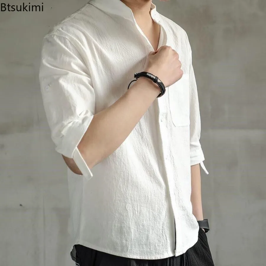 New Men Clothing Japanese Style Retro Solid Color Linen Shirts Men's Simple Versatile Loose Casual Stand Collar Button-up Shirts