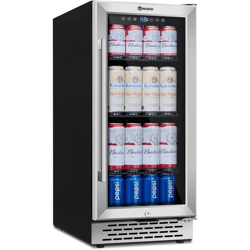 15 inch Beverage Refrigerator with Glass Door 130 Cans Mini Beverage Cooler Under Counter Frestanding Built in Center Garage