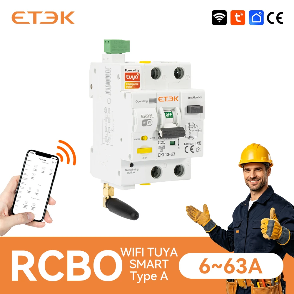 ETEK TUYA WiFi Smart RCBO With Auto Reclosing Function 230V 30mA Remote Control A Type 1P N Reset Circuit Breaker EKR3L