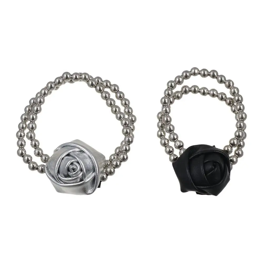 

Cute Hair Tie Pu Leather Rose Hair Rope Flower Ponytail Holder Beads Bracelet Headwear Hair Accessories Elastic Hair Band Travel
