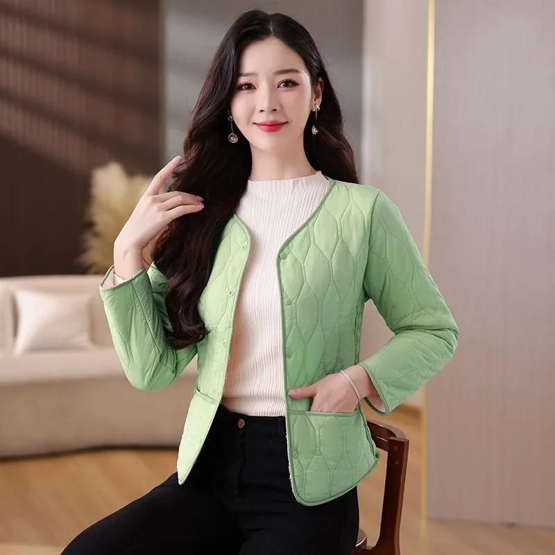 Women V Neck Lightweight Fleece Lined Quilted Padded Coat Inner Wear Warm Short Jacket