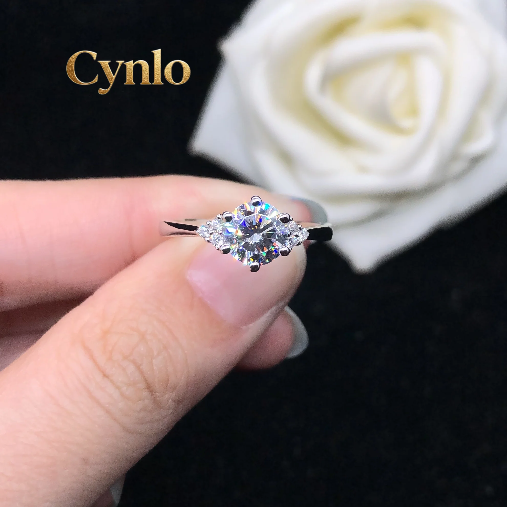 

Cynlo Jewelry Test Positive 1Ct 6.5mm D Color Moissanite Diamond Ring Luxury Quality 14K White Gold Ring for Her Engagement Jewe