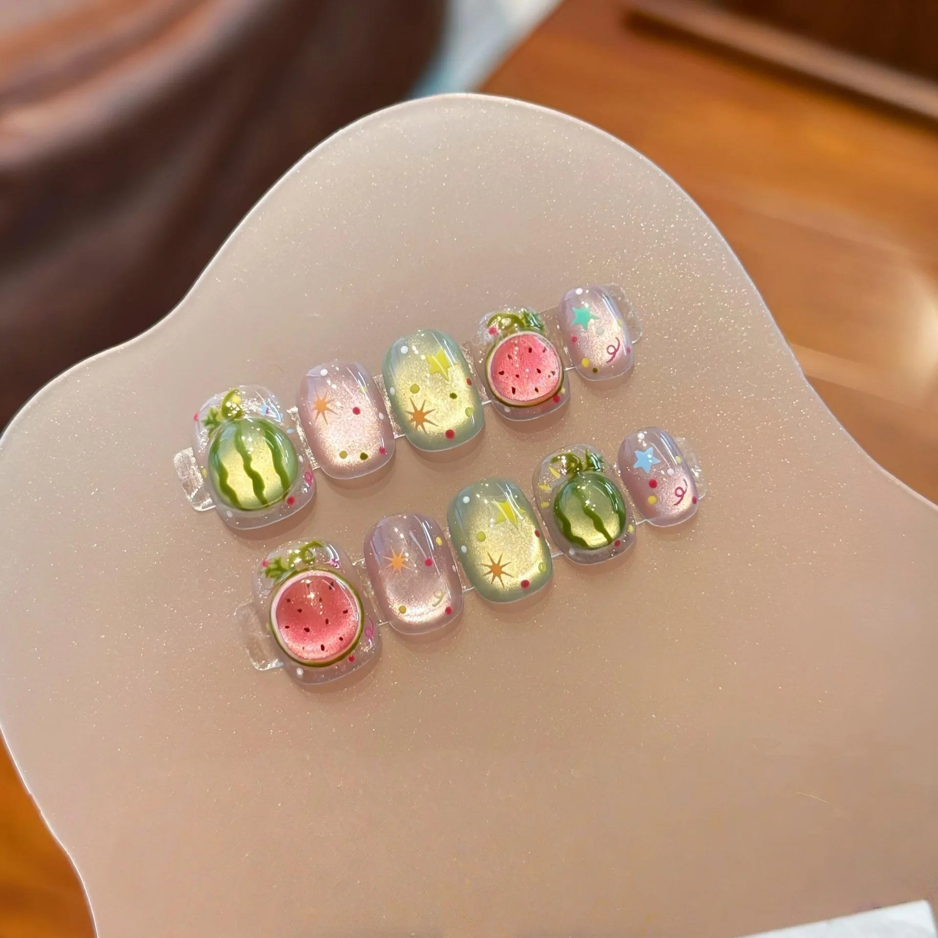 

10PCS Cat's Eye Handmade Fake Nails INS Style Hand-drawn Cute Watermelon Press on Nails Summer Short Nails Art for Girl&Women