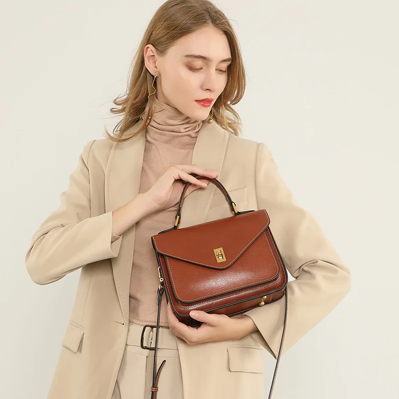 2026 genuine leather and cowhide new high-end minimalist retro style women's bag handbag shoulder crossbody Postman handbags