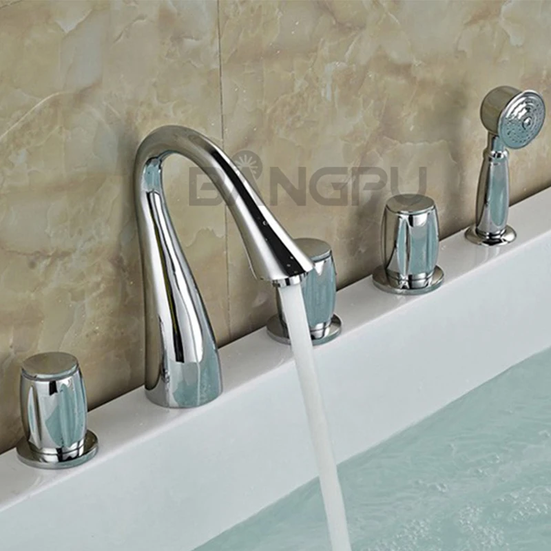 

Bathroom Tub Faucet with Hand Shower Deck Mounted Bathtub Faucet Combo Set 5 Hole Roman Bath Tub Faucet with Handheld Shower