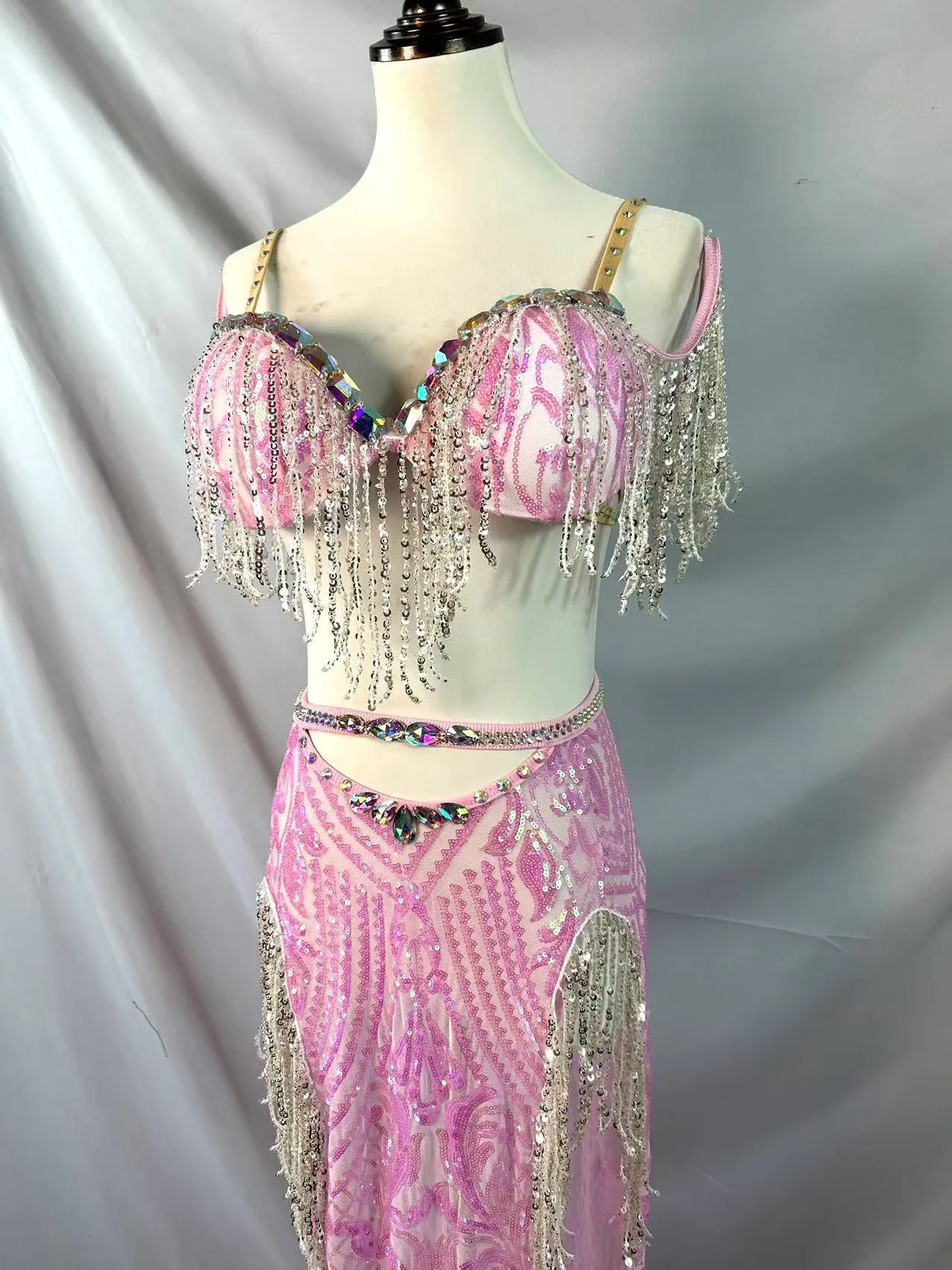 

Oriental Belly Dance Performance Dress with Fringe, Glitter, and Rhinestone Split-Set Long Skirt for Luxury Stage Performances
