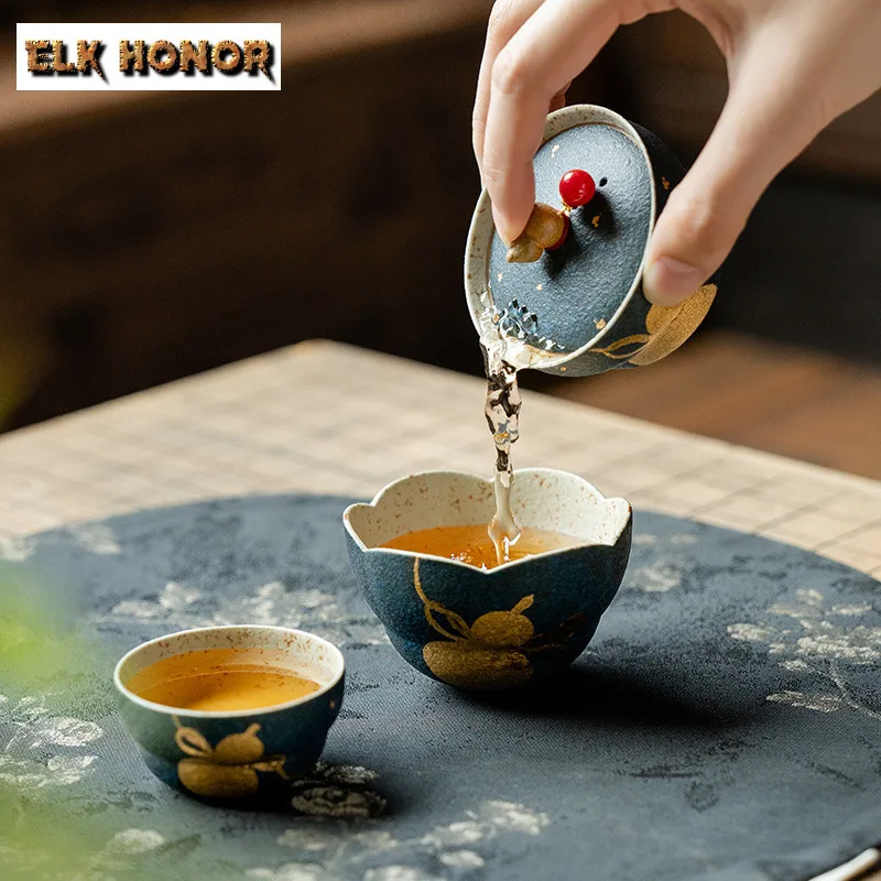 Cyan Blue Gold Gourd Fortune Travel Tea Set Kit Retro 1 Bowl 2 Cups Tea Making Organizer Portable Outdoor Stock Bags Collection