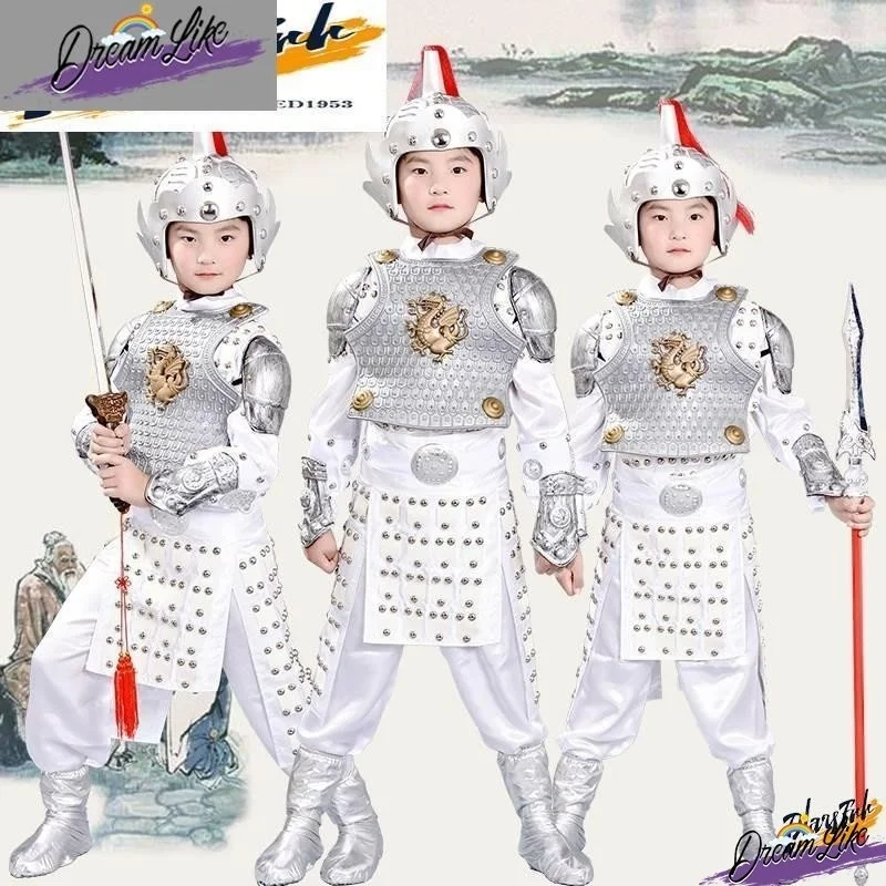 

Белый костюм генерала Чжао Цзылуна для детей, одежда для выступлений, костюм генерала, доспехи, солдатская форма Лигодаклуса