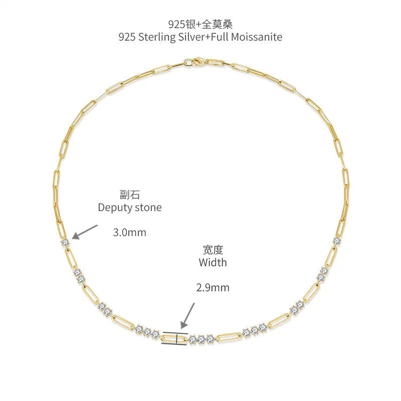 Italy 3mm Solid 18K Gold Over 925 Sterling Silver Paperclip Chain Necklace with Moissanite Diamond for Women Girls