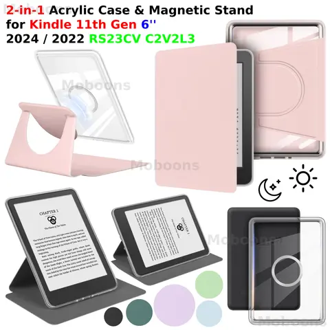 For Kindle 11th Gen Case 6'' 360° Rotatable 2-in-1 Magnetic Detachable Acrylic Case PU Leather Stand RS23CV C2V2L3 Sleep Funda