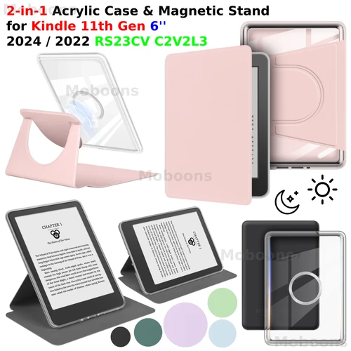 Para Kindle 11.a generación Funda 6'' 360 °   Funda acrílica desmontable magnética giratoria 2 en 1, soporte de cuero PU RS23CV C2V2L3, Funda para dormir
