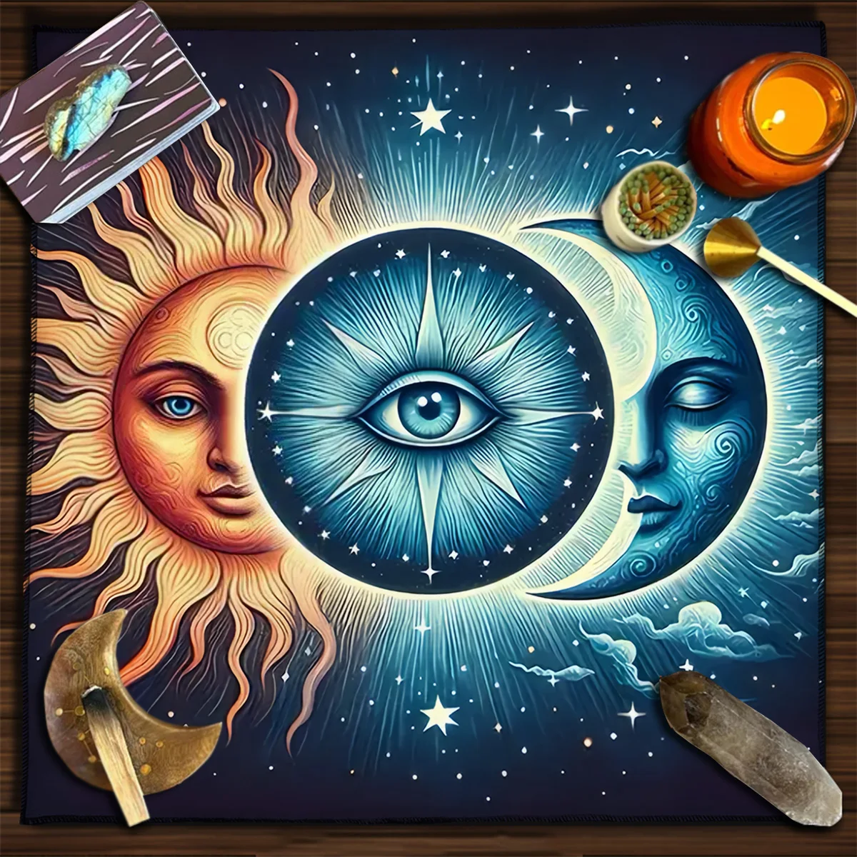 Tarot Cloth Astrology Tarot Cloth Three Card Spread Blue Sun Moon Divination Altar Pagan Table Home Decor Mat Pad
