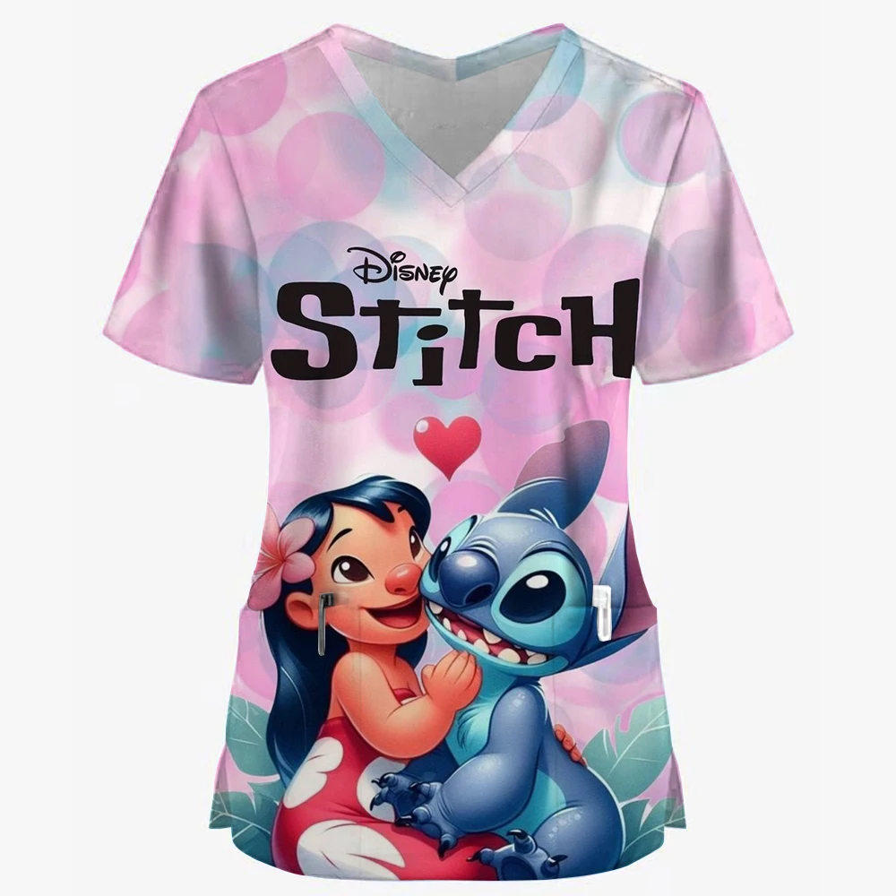 Lilo & Stitch Disney Summer Pocket New Woman T-shirts Hospital Nurse Uniform T-shirt Y2k V Neck Clothing Uniform Pocket Neck Y2k