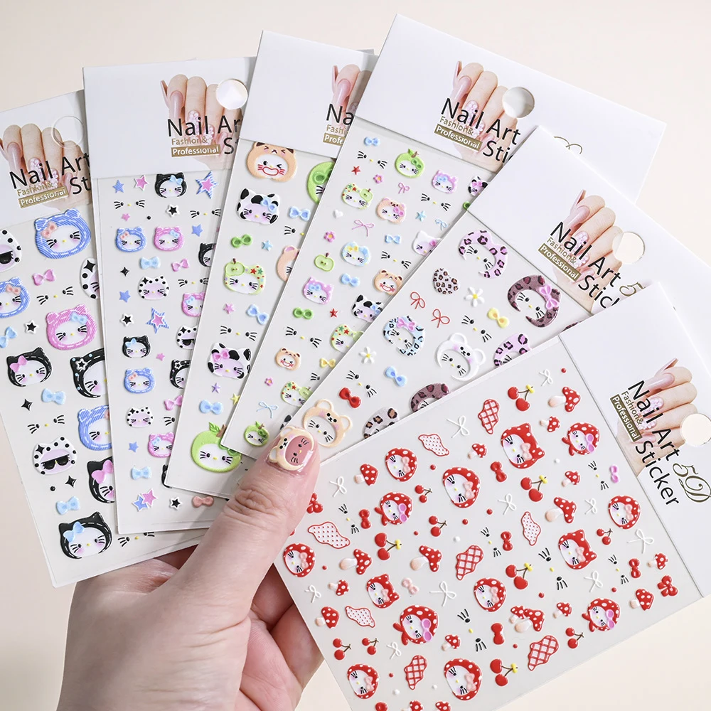 1Pc 5D Autumn Winter Hello Kitty Nail Stickers Kawaii Strawberry Cherry KT Head Scarf Cap Bow Adhesive Decals Manicure Sliders